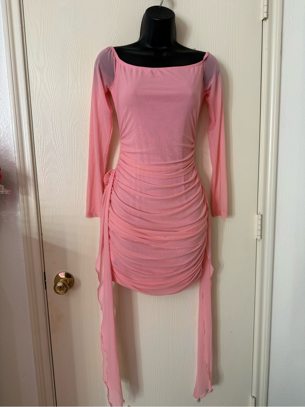 SHEIN Pastel Pink Long Sleeve Ruched Mini Dress with Draped Side Ties